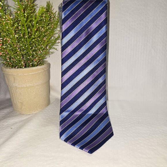 DUCK HEAD HANDMADE SILK TIE DIAGONAL STRIPES IN LIGHT BLUE NAVY AND PURPLE EUC - Picture 1 of 6